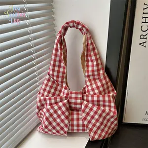 Women's Vintage Gingham Tote Bag, Large Capacity Plaid Canvas Shoulder Bag with Bow Detail, Lightweight Reusable Shopping Tote for Students & Daily Use
