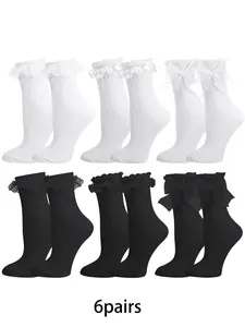 6 pairs lace ditsy floral flower bow mid-calf fitted socks, Spring, cute, stylish, comfortable, breathable, casual socks suitable for women's daily wear Style