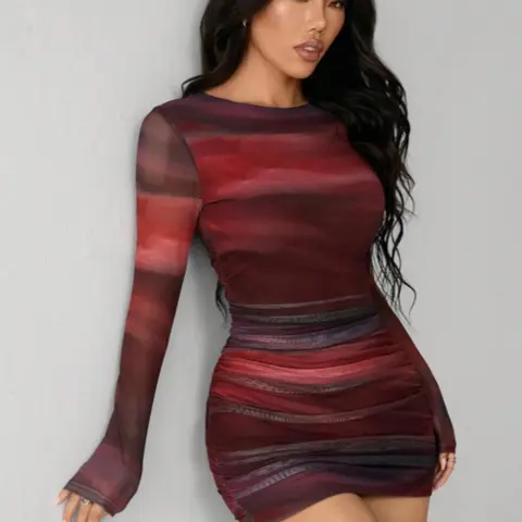 Women's Lady Fashion Aesthetic Leopard Tie-Dye Print Pleated Long Sleeve Fabric Tight Fit Mini Dress, Stylish Casual Wear, Perfect for Parties and Daily Womenswear Clothes Piece