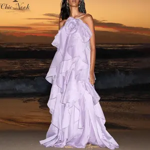 Women's summer sleeveless dress 3D floral irregular ruffled backless party dress, suitable for vacation cocktail parties beach streetwear