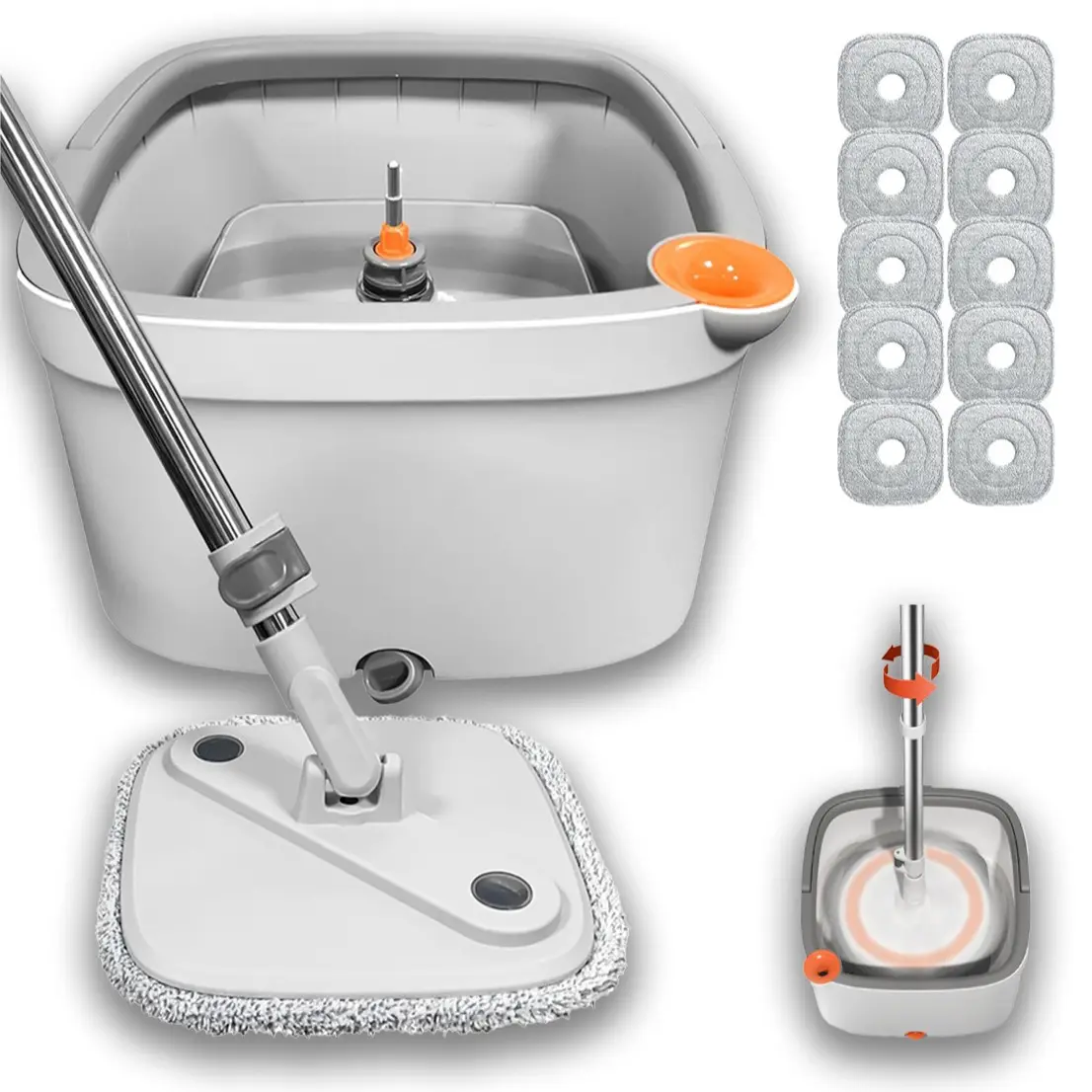 Light Gray Spin Mop Bucket with 10 Pads