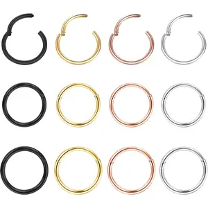 Sanfenly 12Pcs Unisex Stainless Steel Nose Piercing Set - Hoop and Stud Shapes, 7-9mm, Silver Gold Black Rose Gold Body Jewelry for Casual Daily Use