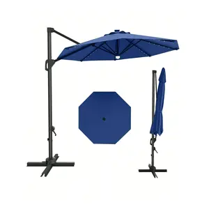 Navy blue- 10FT Outdoor Patio Umbrella Solar LED Large Cantilever W/Base Included Market Sun Shade Windproof Offset With 360-Degree Rotation For Garden Deck Pool Patio