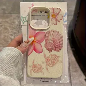 Pink Turtle Shell Hawaiian Pattern Mobile Phone Case Suitable for iPhone 16, 11, XR, XS Max, 12, 13, 14, 15 Plus Pro Max - Stylish Business Shockproof Protective Cover with Leather Texture Material in White and Turtle & Flower Design (212WC)