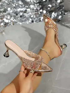 Champagne Gold Rhinestone Pointed Toe Mule Heels for Women, Summer Clear Strap Open-Back Mid-Heel Slides, Elegant Party High Heels