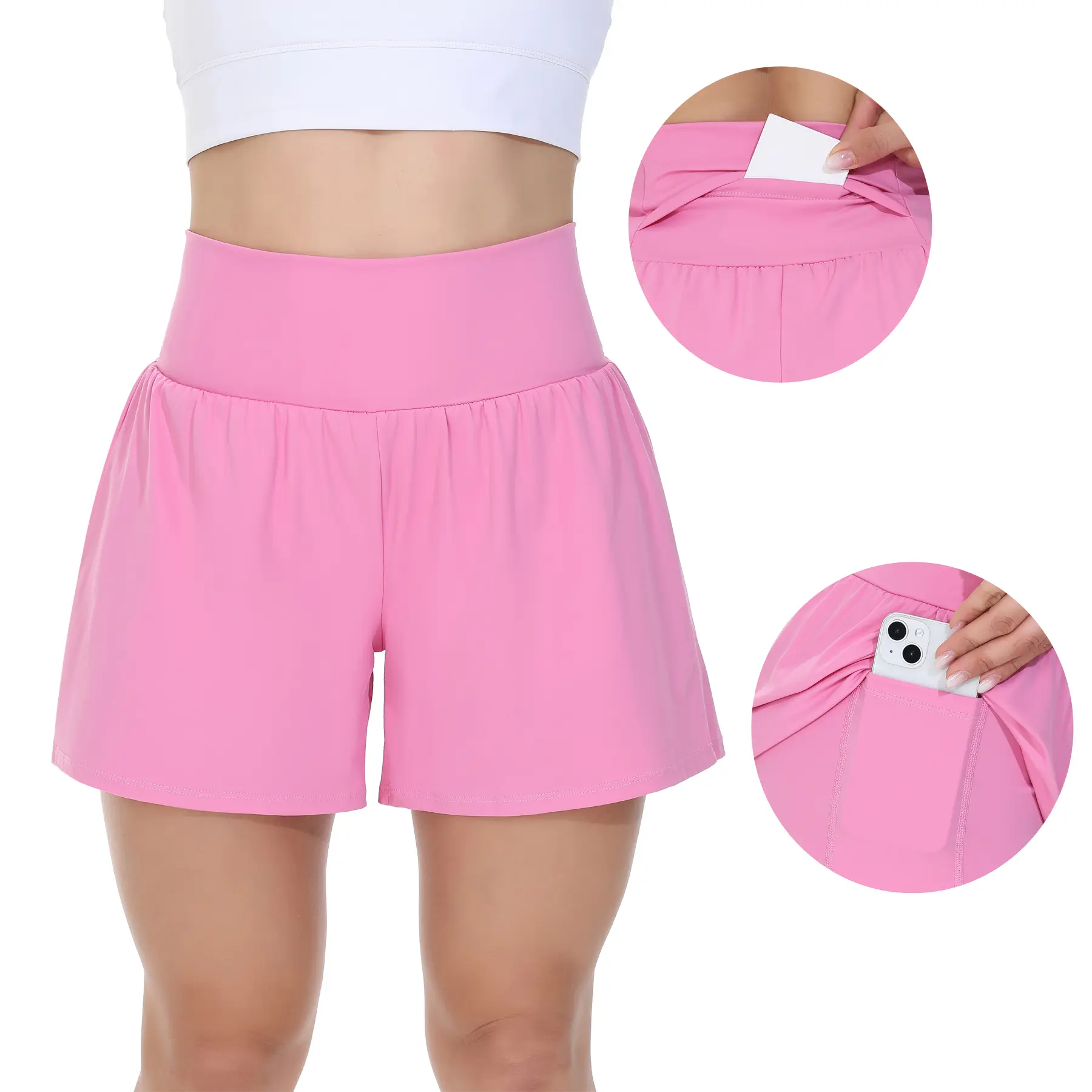 Women's High-Waisted Workout Shorts with Pockets – 2-in-1 Athletic Running Shorts for Gym, Yoga, Tennis, Golf & Sports, Stretchy Breathable Fitness Shorts for Women, Back to School Activewear