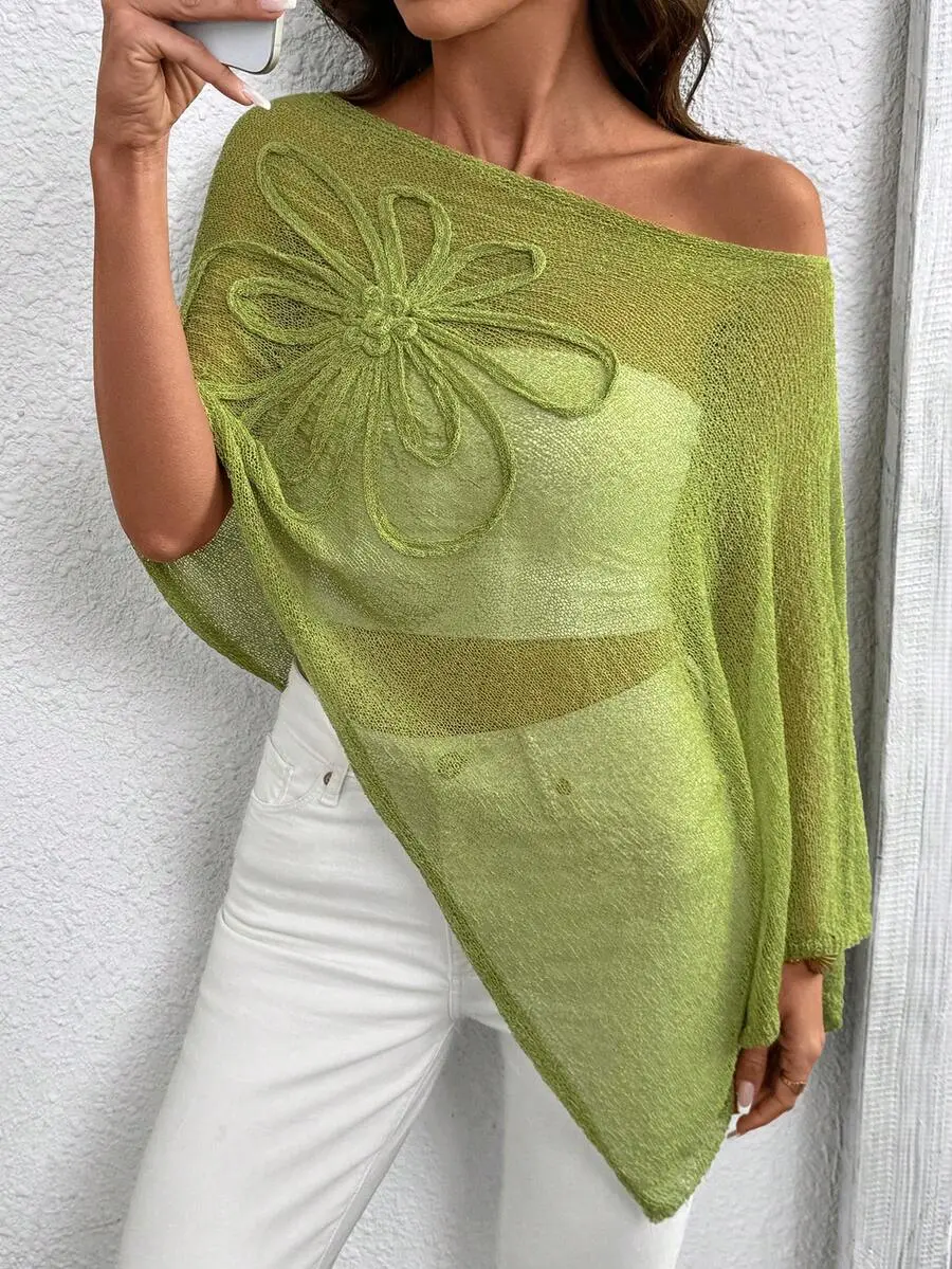 Plus Size Solid Color Asymmetric Hem Design Poncho Style Knit Top Summer - Back to School