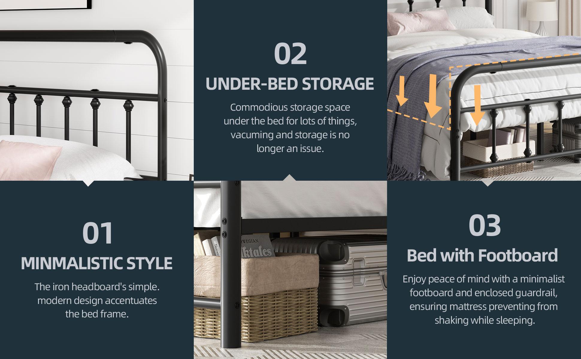 Walsunny Metal Platform Bed Frame Mattress Foundation with Victorian Style Iron-Art Headboard/Footboard, Under Bed Storage, Queen, Full, Twin Size