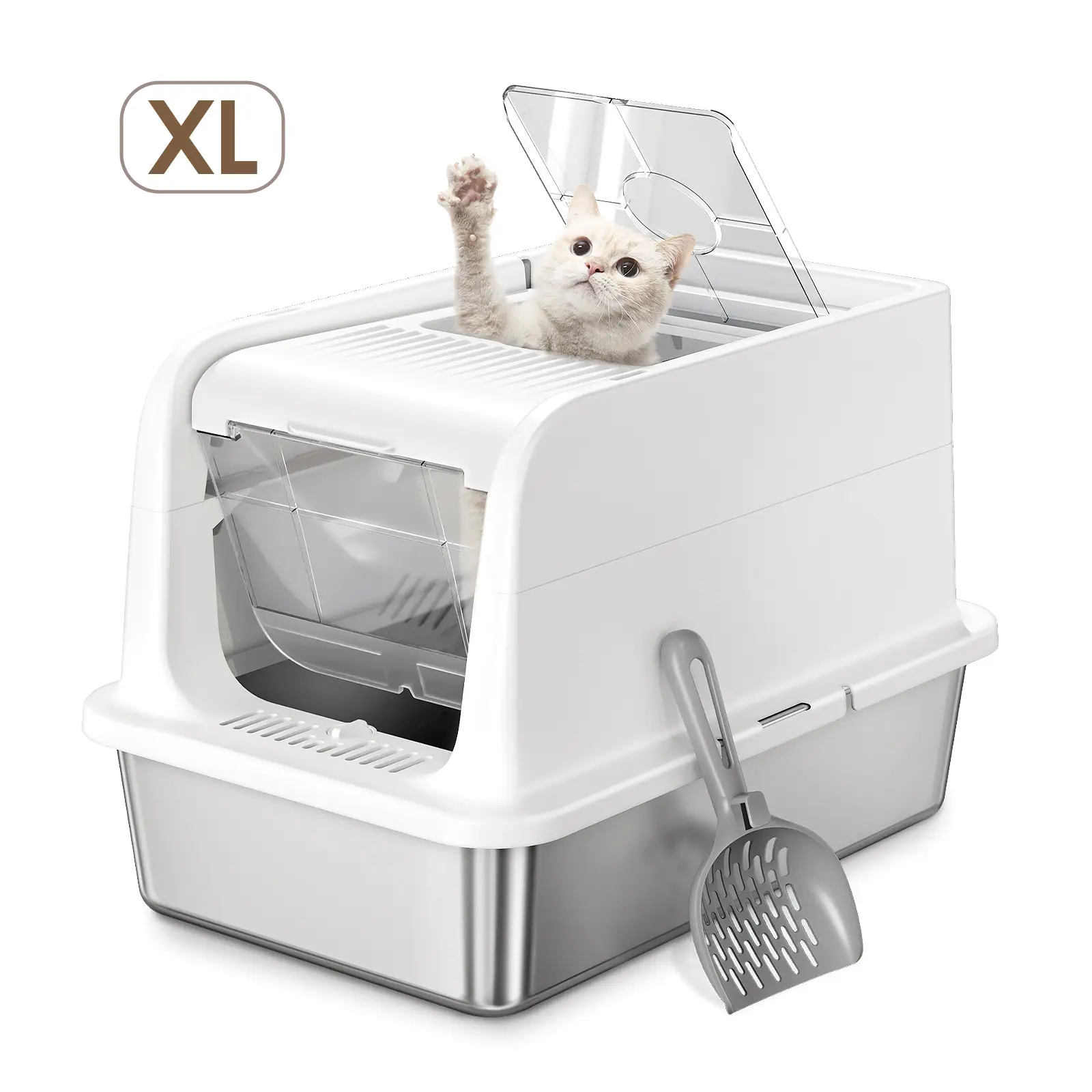 Courpal Extra Large Stainless Steel Litter Box for Big Cat with Lid Top: 2-entry Large Litter Box - Enclosed & Open Adjustable Covered Litter box High