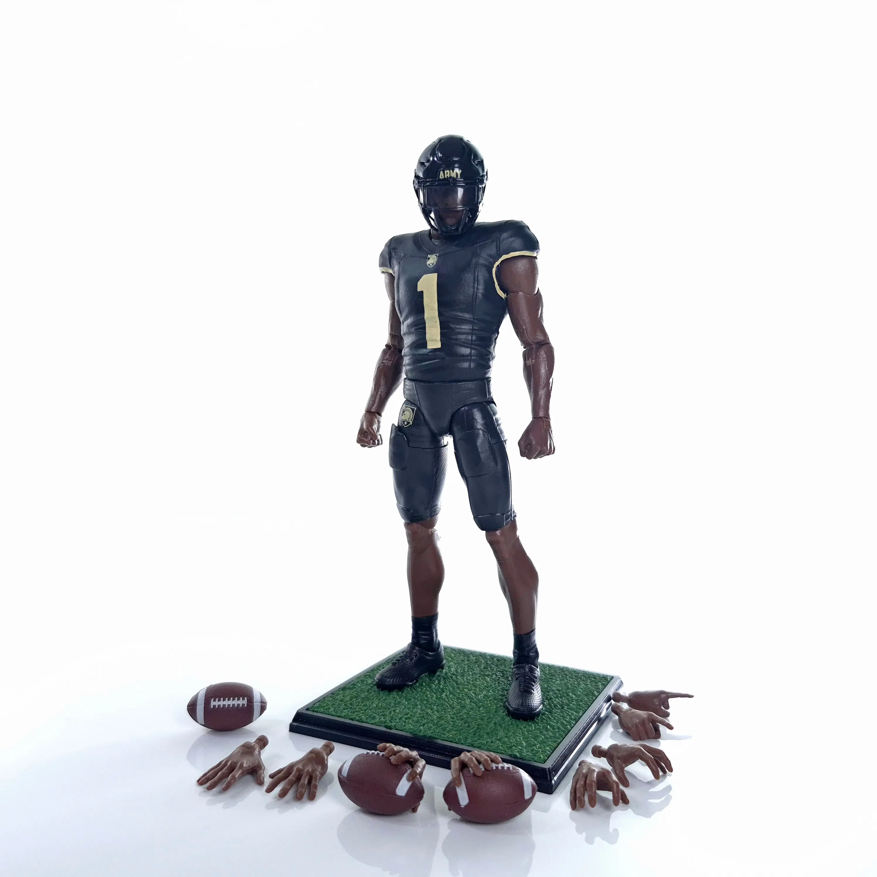 6-Inch Army Walk-On Player Action Figure Collectible - 4 Interchangeable Hand Sets, Detailed Football Accessory, Durable Display Stand, Dark Color Sports Collectible, Action Figures