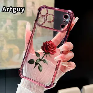 Phone Case for iPhone 17 Pro Max 16 15 Plus Air 14 13 12 11 E Solitary Rose Pattern Four-corner Thickened Anti-drop Protective Silicone Cover Gift