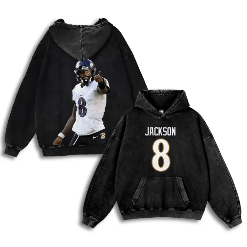 Lamar Jackson #8 Ravens Casual Washed Hoodie | Elusive QB Fan Hood, Purple Playmaker Identity, Faded Wash Game Day Essential
