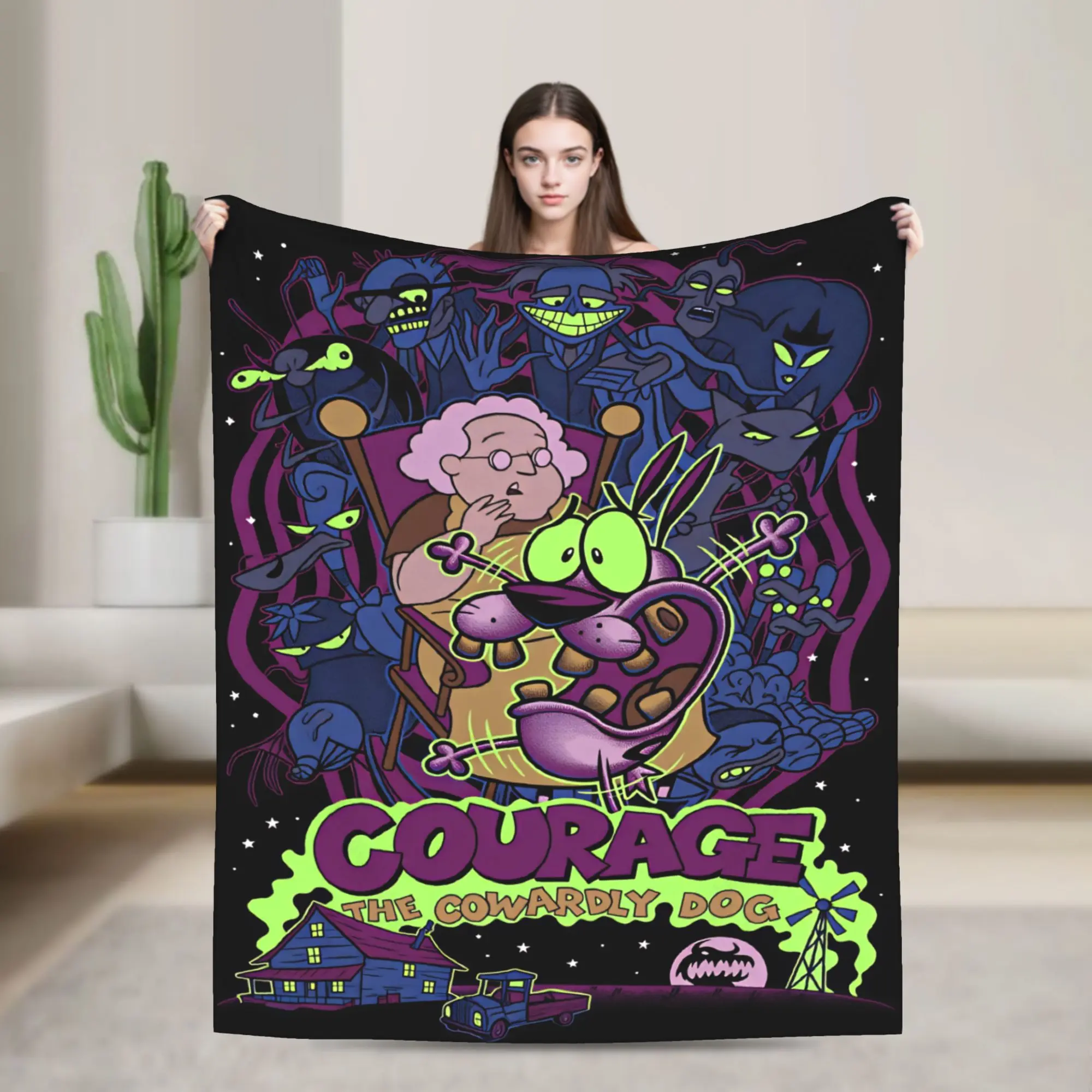 Anime Courage the Cowardy Dog Inspired Flannel Weave Throw Blanket - Lightweight All-Season Soft, Classic Purple & Neon Green Horror Theme, Multi-Size for Fans, Living Room Room Decor, Couch Accessory