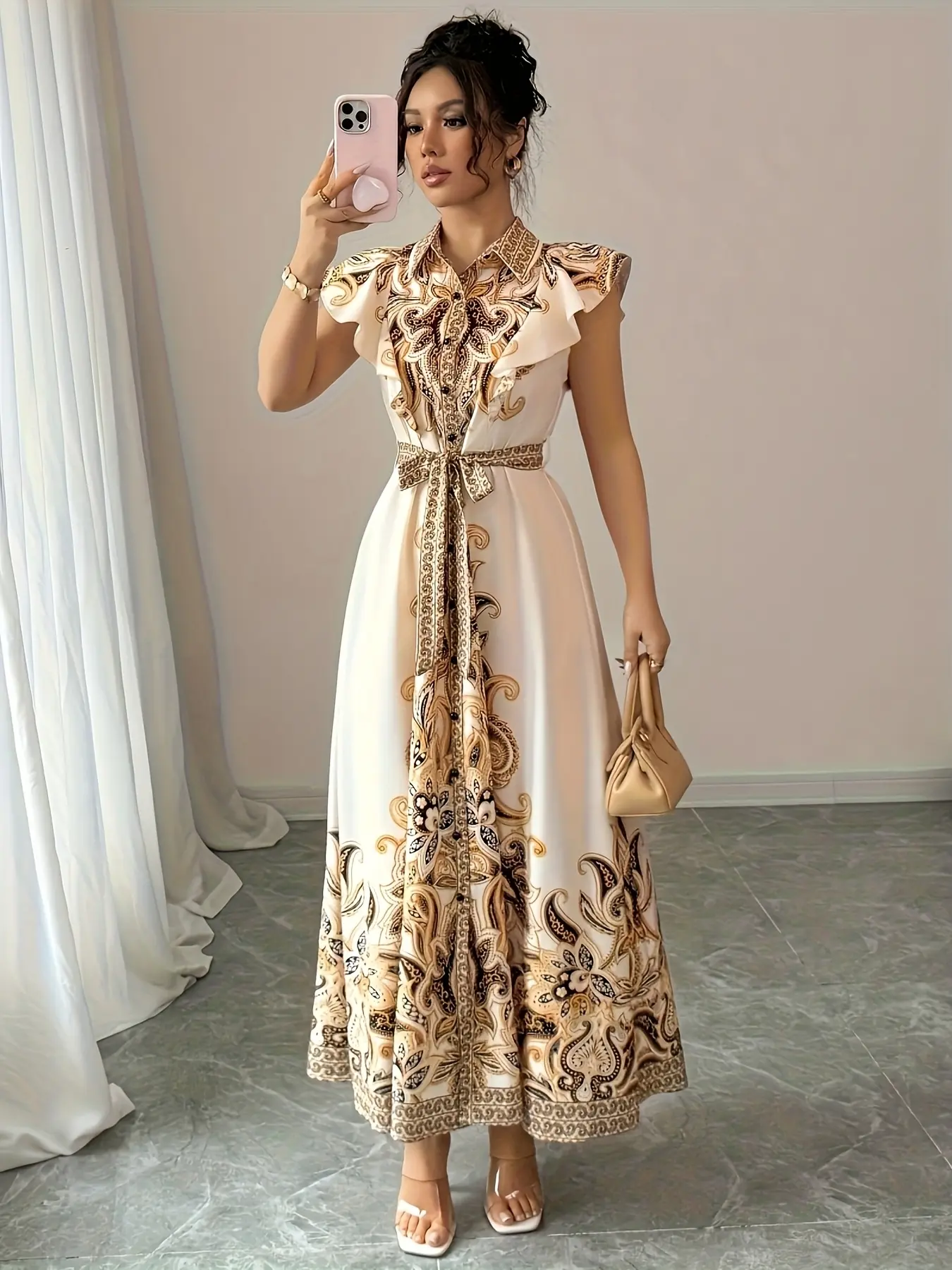 A women's fashionable apricot gold patterned slit lace up Casual Dress, with a slit design that highlights leg length and adjustable waistband, suitable for commuting to work, shopping and outdoor activities, indoor and outdoor dressing