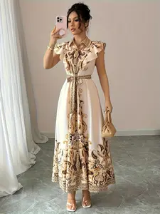 A women's fashionable apricot gold patterned slit lace up dress, with a slit design that highlights leg length and adjustable waistband, suitable for commuting to work, shopping and outdoor activities, indoor and outdoor dressing