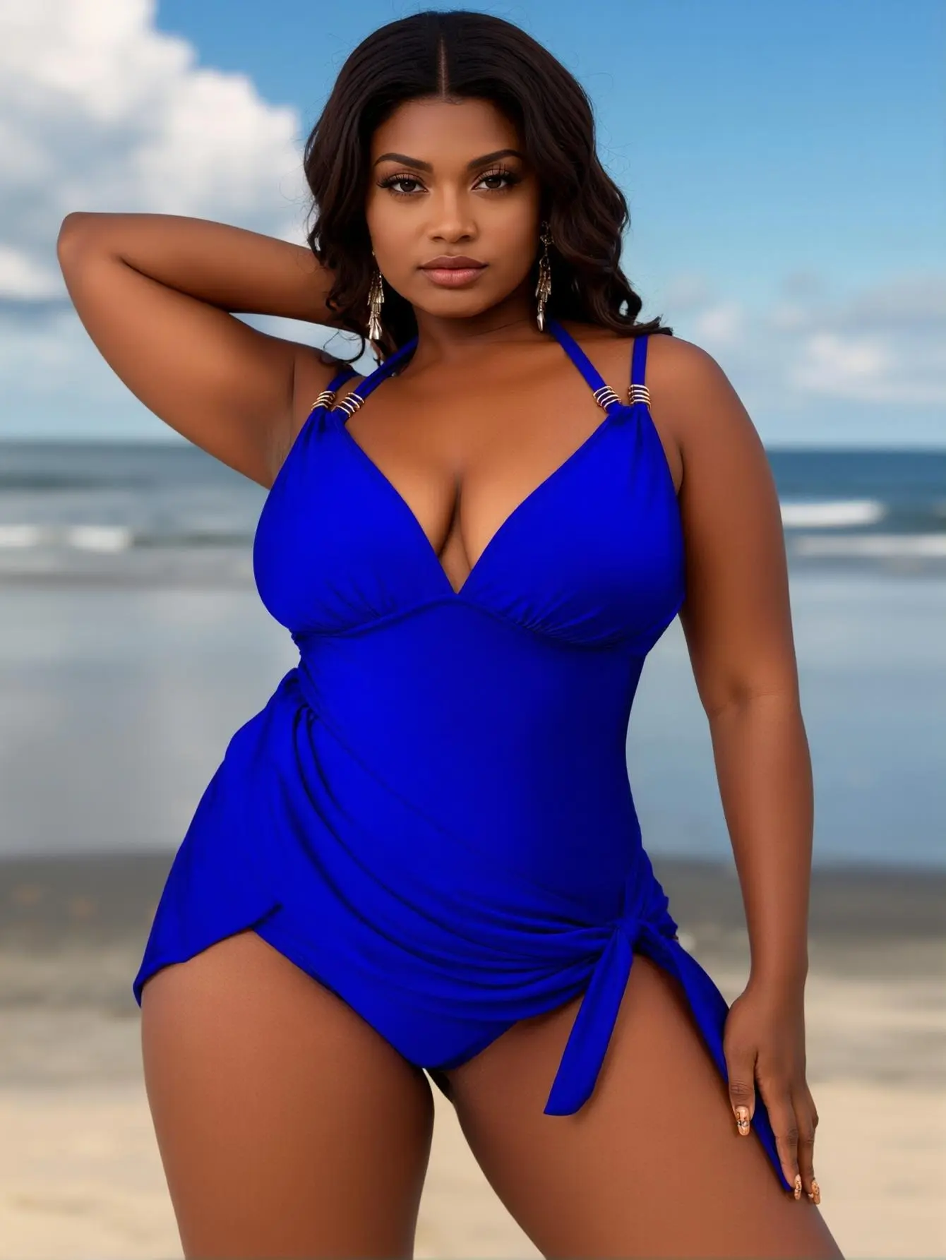 Royal Blue Plus Size One-Piece Swimdress with Side Tie Detail – Flattering & Bold for Every Beach Day