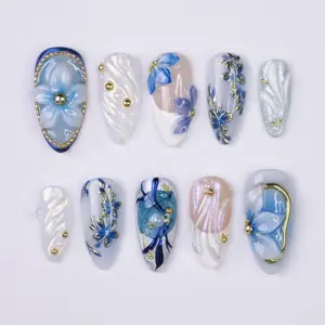 PressOn Nails Blue Flower with Gold Accent | 3D Floral Fake Nail in Medium Almond | Handmade Spring Nail Art for Holiday, Vacation, Birthday