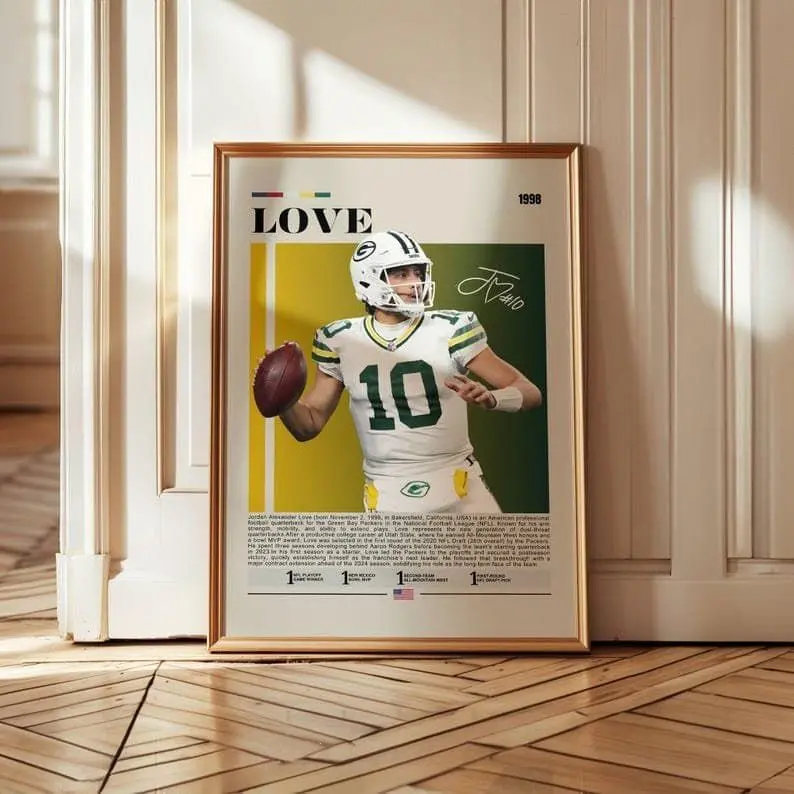 Jordan Love Green Bay Packers Football Quarterback High-Res Print Poster, Artistic Photo Paper Wall Decoration, 12x18/16x24/24x36/27x40 Inches, Bedroom/Kid Room Game Day Art, Gift for Football Lovers