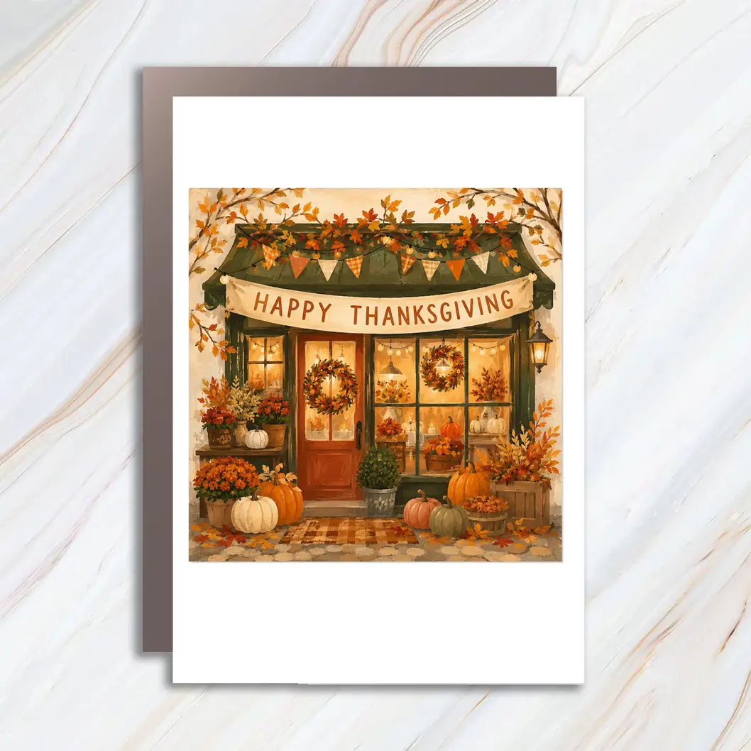 Thanksgiving Greeting Card, Cozy Fall Storefront Card, Autumn Harvest Pumpkin Card With Leaves And Warm Shop Decor C905