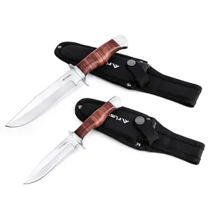 FLISSA 2-piece Knife with Sheath, Fixed Blade Knife with Leather Handle for Outdoor, Camping, Hiking