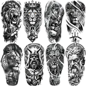 8 Sheets Lion Warrior Temporary Tattoos, Waterproof Tribal Design, Long-Lasting Low Sensitivity, Unisex Body Art Stickers for Arms & Legs