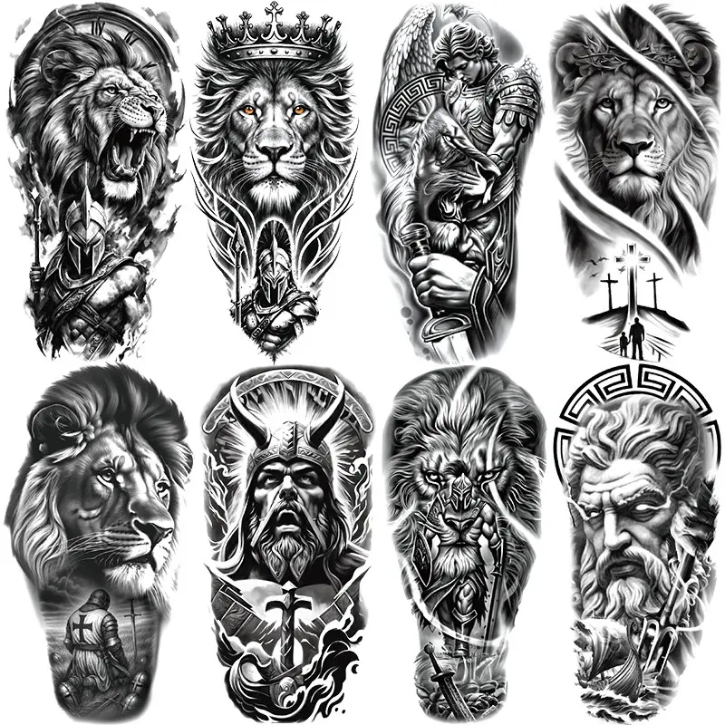 8 Sheets Lion Warrior Temporary Tattoos, Waterproof Tribal Design, Long-Lasting Low Sensitivity, Unisex Body Art Stickers for Arms & Legs, Tattoo Paper