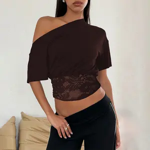 One-Shoulder Short Sleeve Lace Waist Wrap Slim-Fitting Crop Top Women's 2026 Spring Summer Evening Dinner Outings Lace Waist Detail Soft Drapey Fabric Comfortable Elegant Versatile Fashion Top summerwins