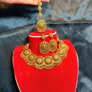 Brass Tone Short Necklace with Matching Earrings and Headpiece for Women Elegant Floral Design Gold Plated Jewelry Set