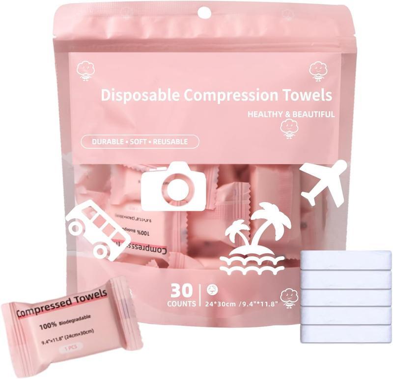 Disposable compressed towel tablets — portable, compact face towels suitable for home use, camping, hiking, travel, picnics, and gym workouts. Ideal for on-the-go hand cleansing, facial cleansing, and makeup removal. 1 pack, 30 count, size 9.4″ × 11.8″.