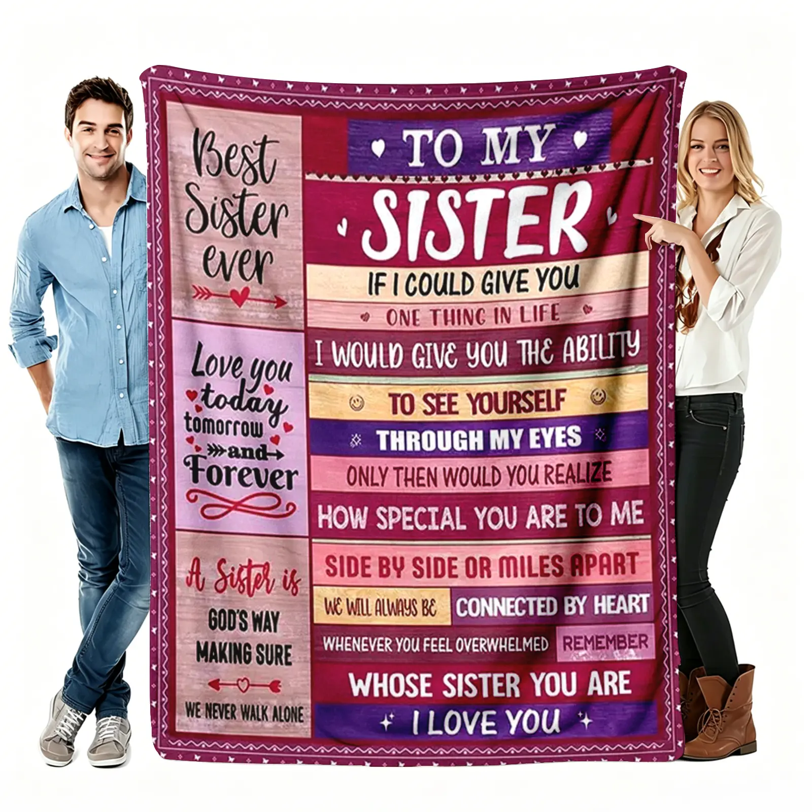 To My Sister Throw Blanket, Pink Purple Flannel Blanket, Soft Cozy Warm Throw, Collage Love Letter Design, Gift for Sister Her Best Friend, Side By Side Miles Apart Heart, Birthday Graduation Couch Bedroom Decor