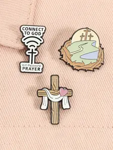3pcs/set Jesus God Cross Enamel Pins Connect To God Wi-Fi Password Is Prayer Christian Religious Beliefs Inspirational Alloy Brooches Lapel Backpack Badge Fashion Jewelry Accessories Gifts for Friends Men Accessories