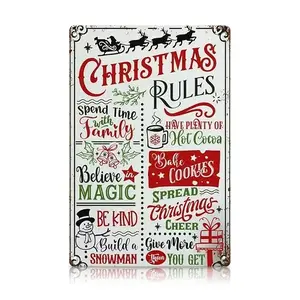 “Christmas Rules” Vintage Tin Sign – 1pc 8×12inch (20×30cm) Holiday Metal Wall Art – Festive Red & Green Retro Christmas Decoration for Home, Kitchen, Café & Fireplace Mantel – Cheerful Holiday Wall Décor