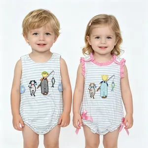 Toddler Baby Fishing Dog Applique Sleeveless Romper, Soft & Cute Sibling Matching Outfit for Summer