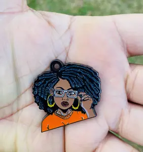 African American, Ethnic, Black Girl with Glasses, Enamel Charm Pendant, DIY Jewlery