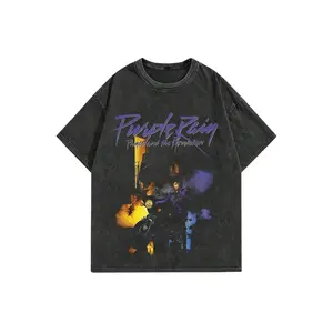 Men's Black "Purple Rain" Prince Graphic Tee, Vintage Streetwear Retro Washed Printed Short Sleeve 230g Cotton T-Shirt, Summer Casual, Unisex