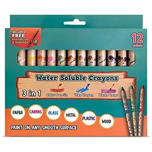 3 in 1 Water Soluble Crayons for : Wax Crayons, Color Pencils & Water Color, With Free  Brush & Sharpener,  on Any Smooth Surface, 12 Color Set