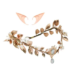 GentleLie Handmade Fairy Leaf Crown with Elf Ears Gold Pearl Woodland Headpiece for Women Girls Fantasy Elf Tiara for Costume Party Halloween Cosplay Ren Faire Photography Props