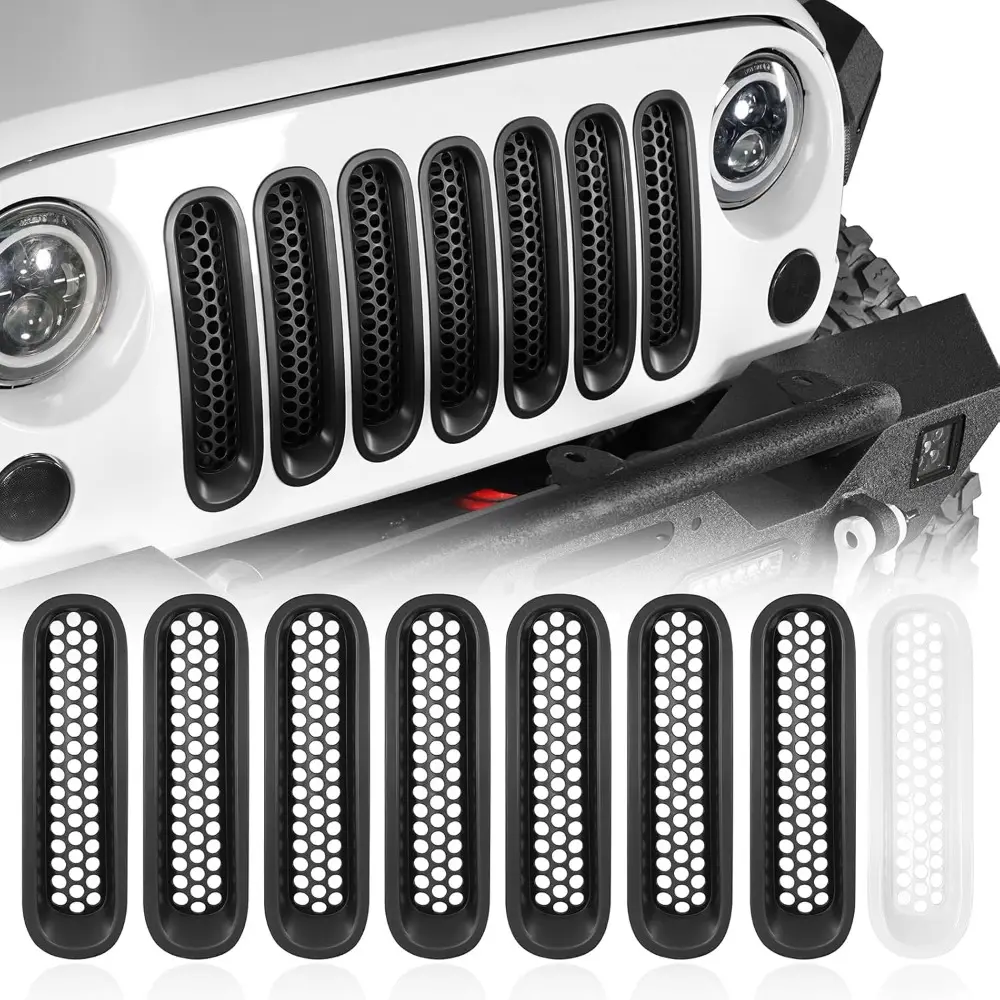Matte Black Front Mesh Grill Inserts Grille Cover Car Accessories For 2007-2015 Jeep JK Wrangler, Unlimited Wrangler (7PCS Black + 1PCS White)