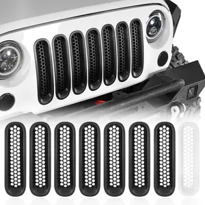 Matte Black Grill Inserts Front Mesh Grille Cover For 2007-2015 Jeep JK Wrangler,Unlimited Wrangler Accessories (7PCS Black + 1PCS White)