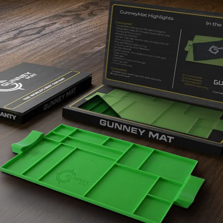 GunneyMat Green Cleaning Mat with Patent-Pending Barrel Holders Chemical & Stain Resistant 20 x 12 Inches Silicone Blend Durable Surface