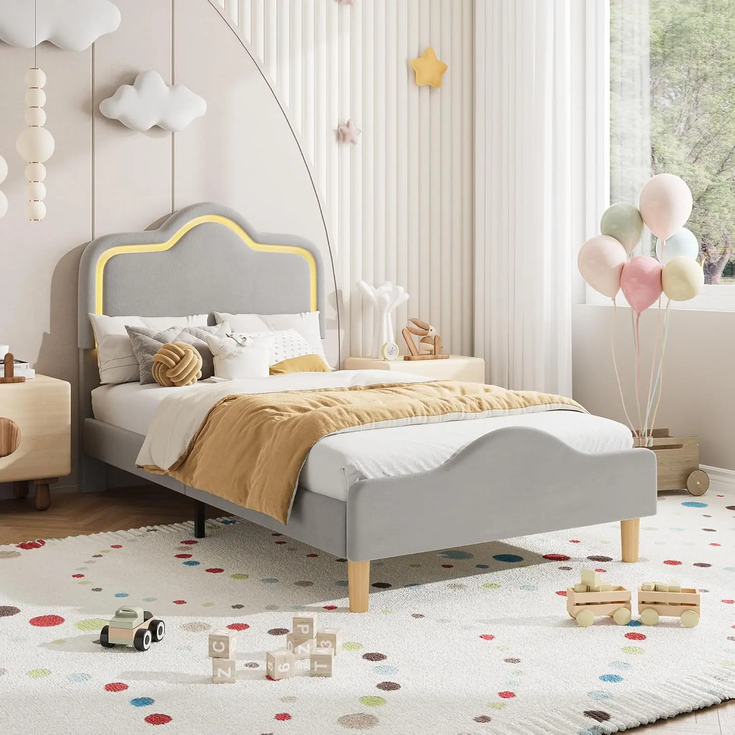 GAOMON Twin Size Upholstered LED Bed Frame with Adjustable Headboard and Footboard, Velvet Princess Platform Bedframe for Kids/Girls, Wooden Slats Support, No Box Spring Needed, Easy Assembly, Gray