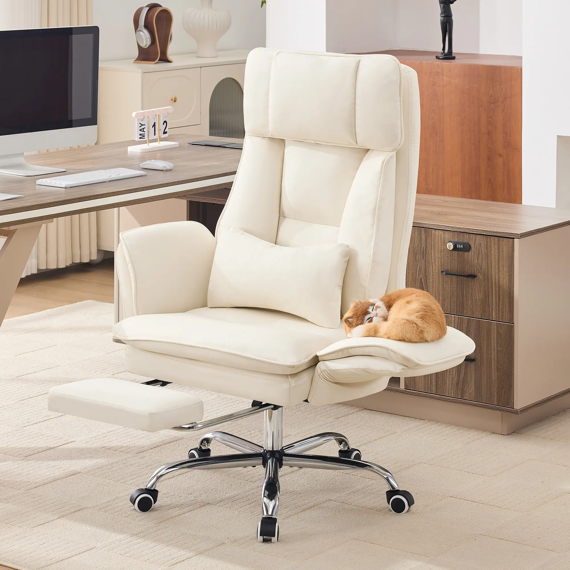 Big and Tall Office Chair, Cloud Office Chair with Footrest & Flip Armrest for Pets, Executive Ergonomic Criss Cross Office Chair with Lumber Pillow, Swivel Computer Gaming Chair, Wide Seat Recliner Desk Chair
