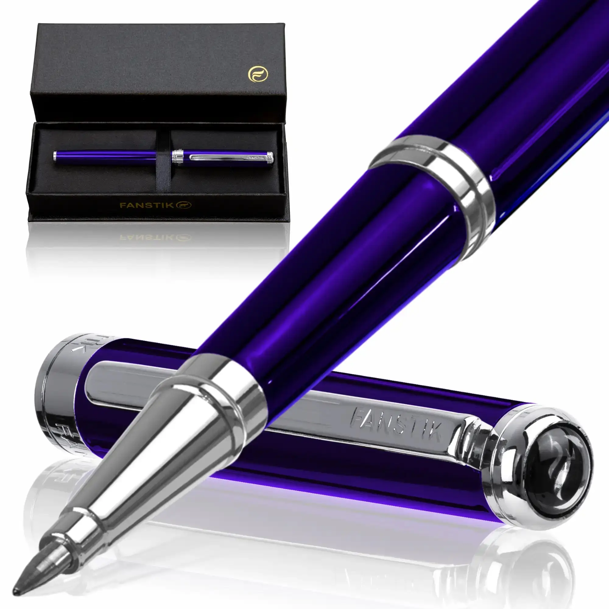 Fanstik Excelltus Rollerball Pen — Chrome Finish, Blue, Cap-off design, Luxury Gift Box (Lux Rollerball Blue)