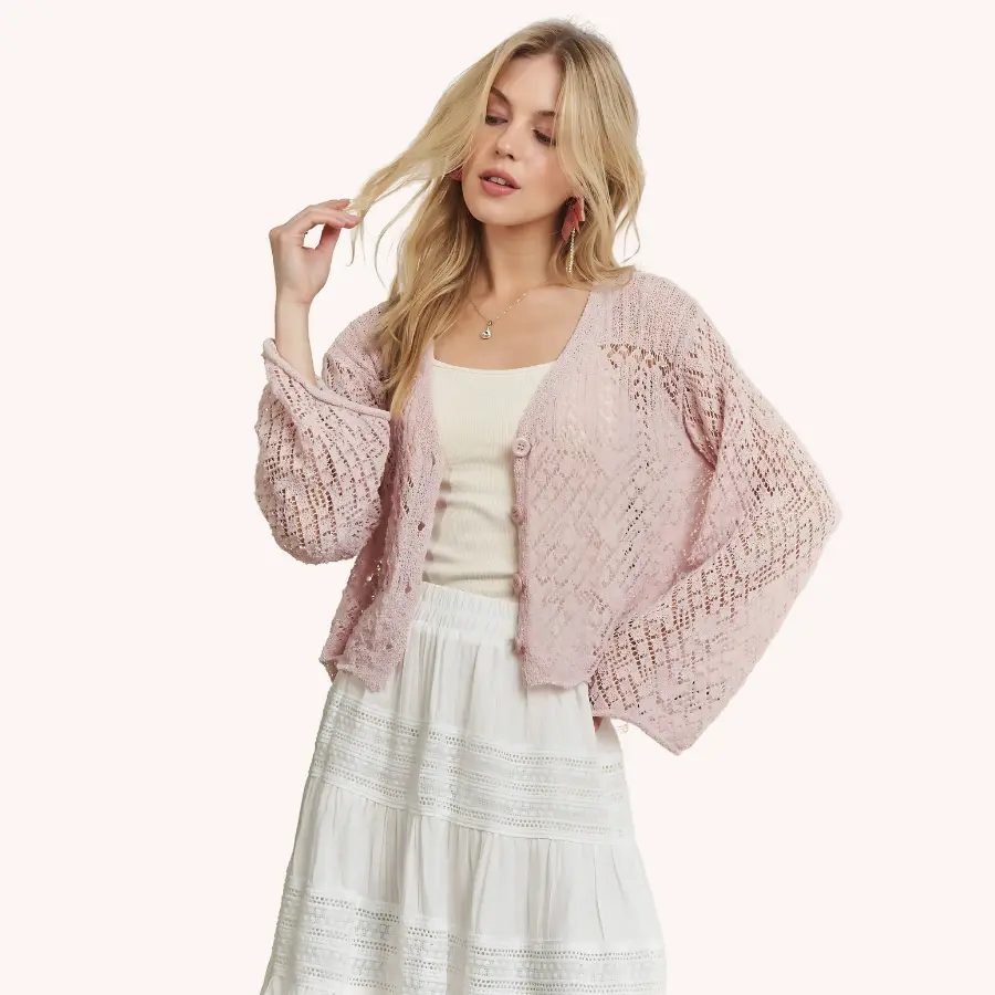 Boho Crochet Cardigan Sweater - Button-Front Lace Knit, Lightweight Long Sleeves for Spring Outfit & Summer Layering, Pink Color