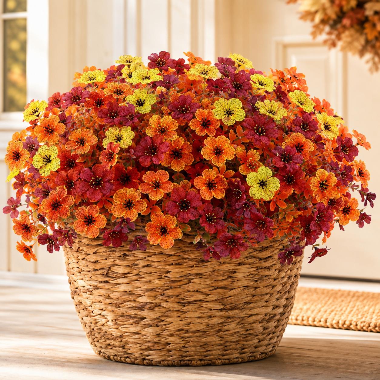 12 PCS UV-Resistant Fade-Proof Artificial Fall Daisy Silk Flowers with Realistic Green Leaves & Real-Leaf Detail, Home Decor Ornaments for Front Porch, Autumn Thanksgiving (Home Supplies, Outdoor Use)