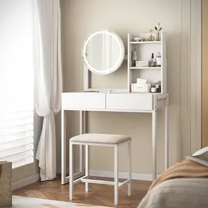 OPUL White Vanity Desk Without Mirror, Small Vanity Desk with Mirror and Lights, Makeup Vanity Table with LED Mirror, 3 Lighting Modes, Power Outlet, Drawer, Open Shelves and Cushioned Stool for Bedroom (White)