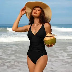 Charmo Tummy Control One Piece Swimsuits for Women Ruched Bathing Suits Strappy V Neck Monokini Women's Ribbed