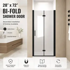 28" x 72" Bi-Fold Shower Door, Reversible Folding Shower Enclosure with 1/4" Tempered Glass, Aluminum Frame, Magnetic Closure, Space-Saving Design