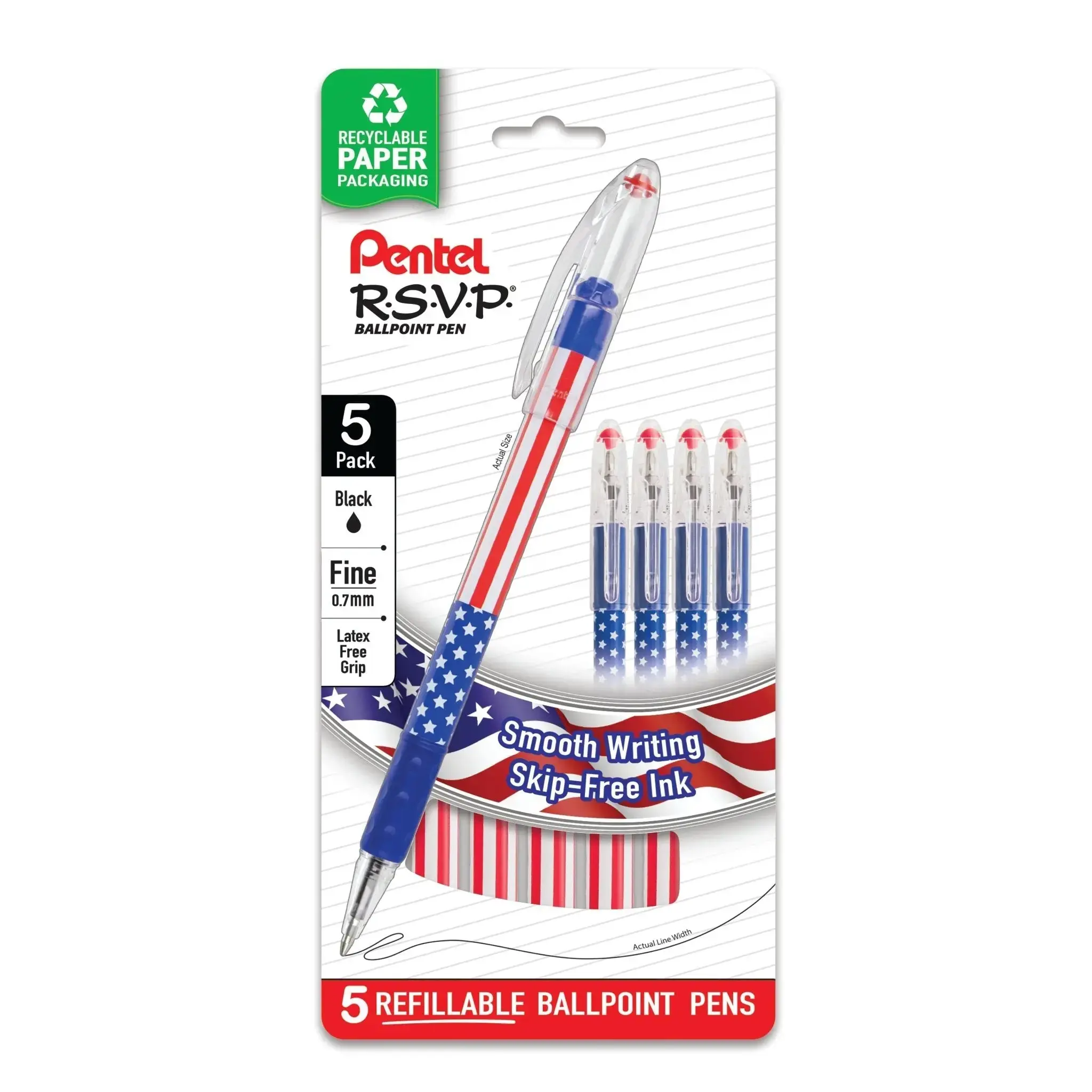 Pentel RSVP Stars & Stripes Edition Smooth Writing Ballpen Set, 5-Pk Fine 0.7mm Stationery Supplies Ballpoint Pens