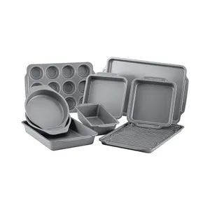 Farberware Nonstick Steel Bakeware Set with Cooling Rack, Baking Pan and Cookie Sheet Set with Nonstick Bread Pan and Cooling Grid, 10-Piece Set, Gray